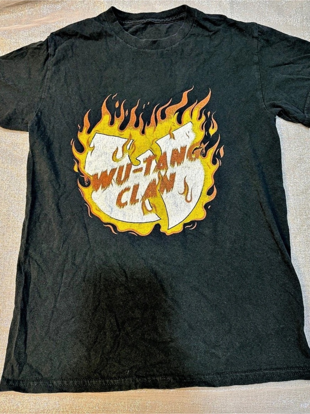 Wu-Tang Clan Distressed Logo on Fire Graphic T-Shirt in Black